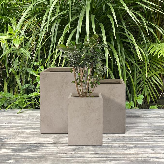 Kante 18.5",15.7",12.6" H Tall Rectangular Concrete Planters Set of 3, Outdoor Indoor Lightweight Plant Pots with Drainage Hole and Rubber Plug, Modern Style for Home Garden Patio, Weatheted Concrete