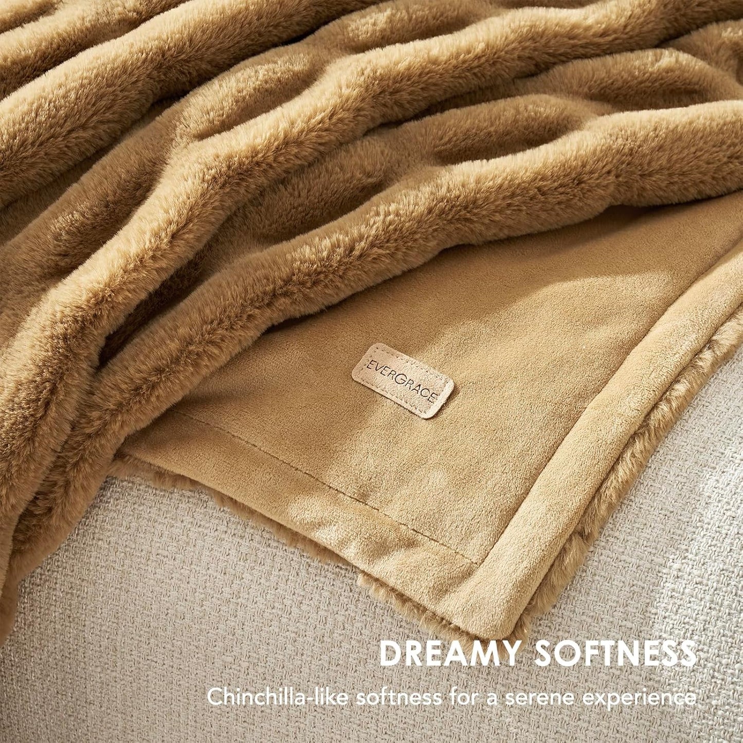 EVERGRACE Luxurious Soft Faux Rabbit Fur Throw Blanket, Cozy Fuzzy Plush Warm Throws for Couch Bed Sofa Chair Home Decor, Ruched Bubble Fluffy Blanket with Reversible Velvet, 60" x 80", Camel