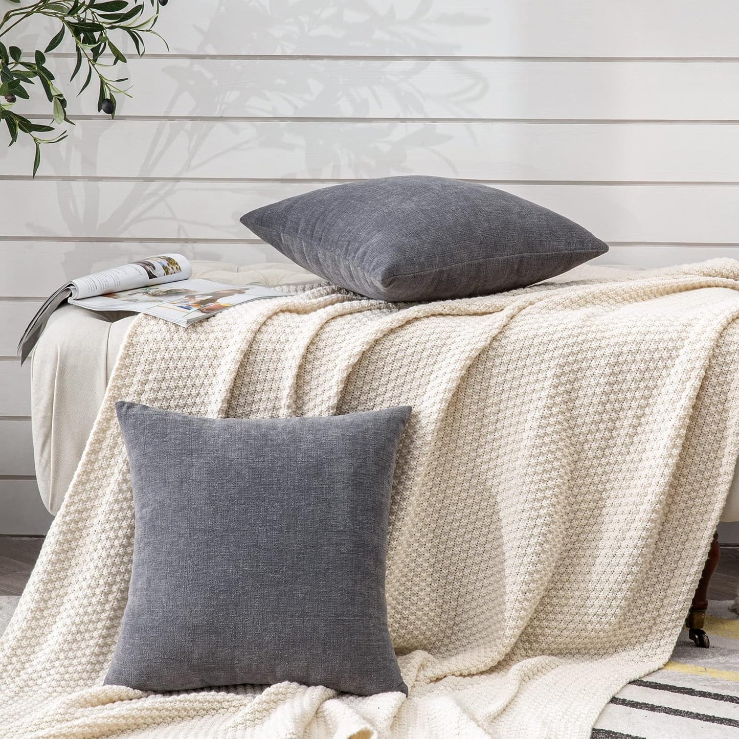 GAWAMAY Decorative Chenille Throw Pillow Covers 26x26 Inch Pack of 2, Soft Square Couch Pillow Cover for Sofa Cushion Living Room Bedroom Solid Dyed Oversized Pillowcases Grey 66x66cm (ONLY Covers)