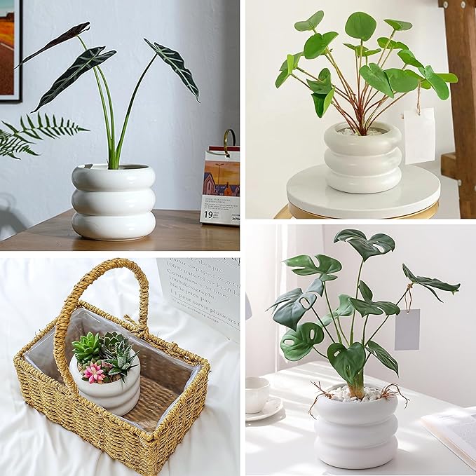 4.7 Inch Modern Plant Pot White Ceramic Glaze Succulent Planters for Indoor Unique Pots, Planter with Drainage Holes Small Bubble Porcelain for Herb Snake Plants