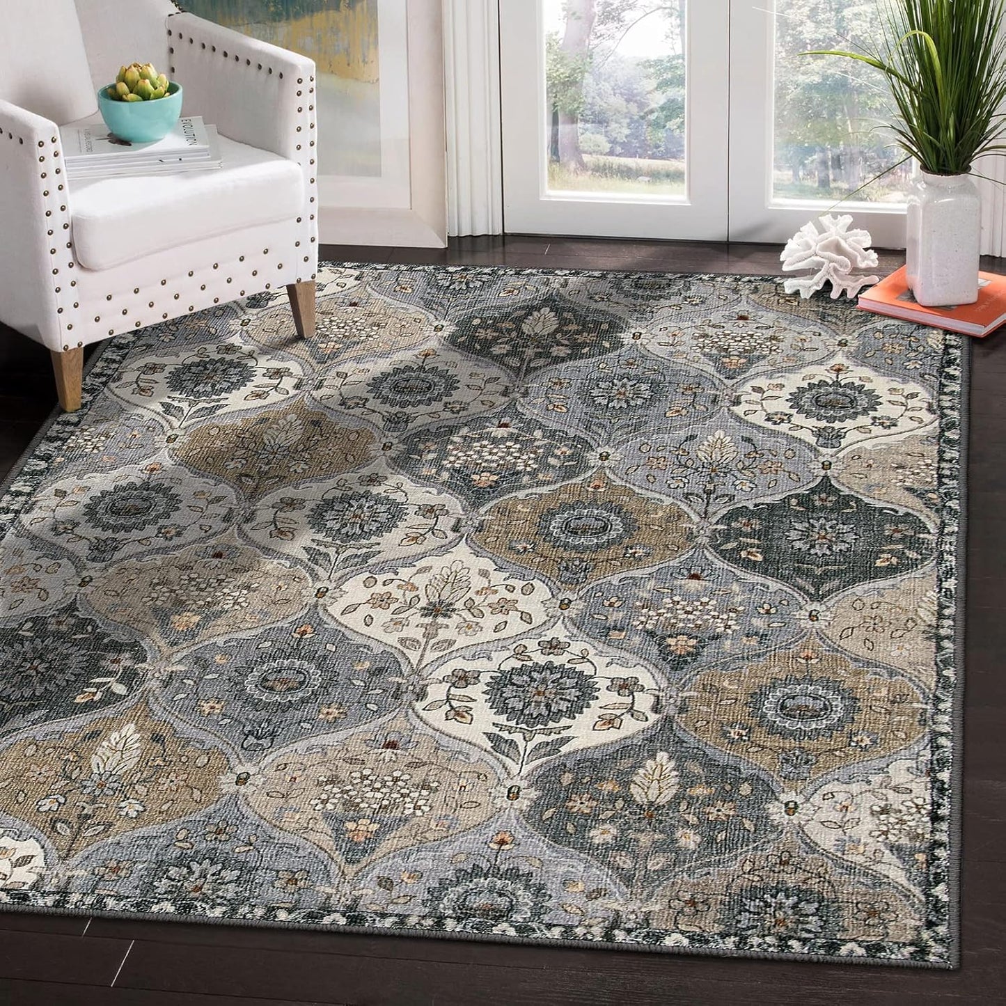 Lahome Moroccan Machine Washable Area Rugs, 4x6 Rug for Living Room Bedroom, Soft Non-Slip Rug Vintage Trellis Ultra-Thin Throw Carpet for Dining Room Office, Grey