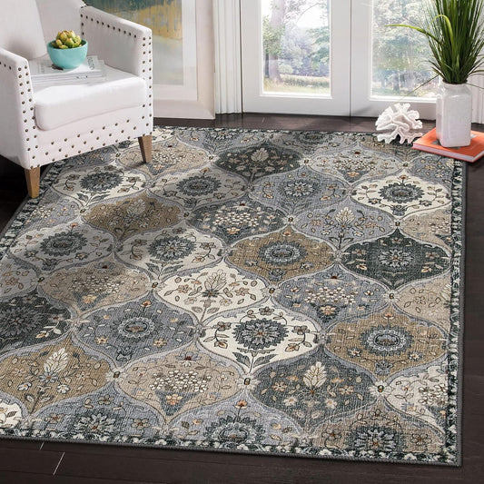 Lahome Moroccan Machine Washable Area Rugs, 4x6 Rug for Living Room Bedroom, Soft Non-Slip Rug Vintage Trellis Ultra-Thin Throw Carpet for Dining Room Office, Grey