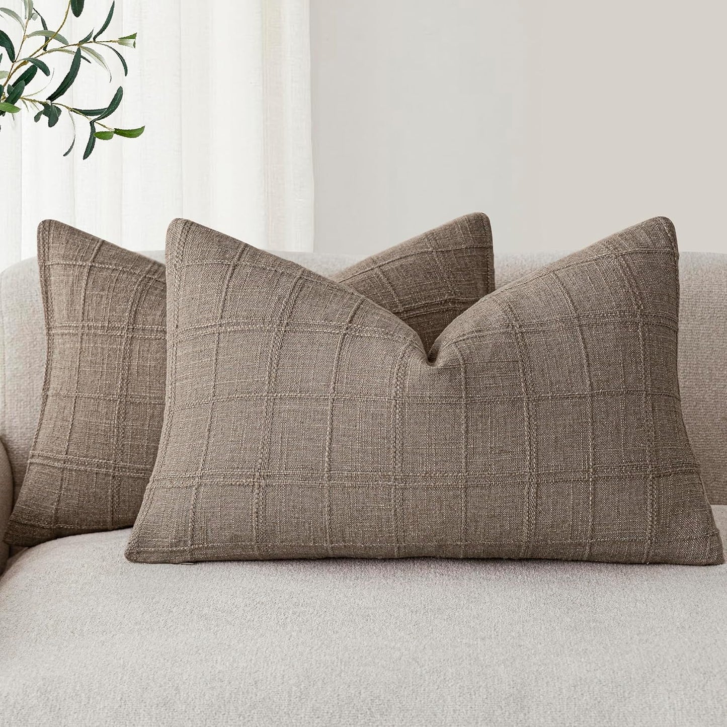 Foindtower Set of 2 Decorative Linen Check Throw Pillow Covers Neutral Farmhouse Lumbar Cushion Covers Modern Boho Home Decor for Sofa Chair Couch Bedroom Living Room,12×20 Inch,Tan Taupe