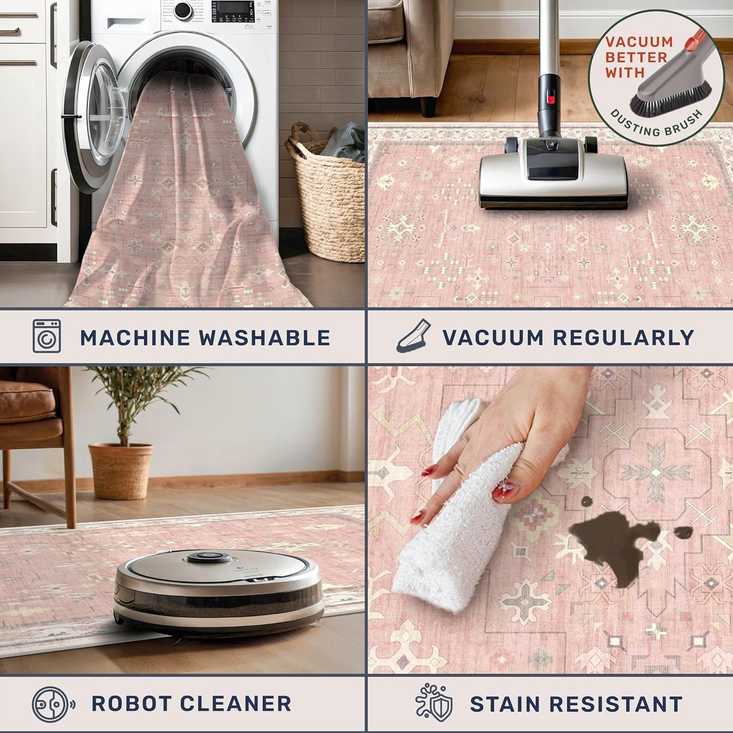 Blush Pink Girls Rugs for Bedroom - Nursery Floral Area Rug 5x7, Machine Washable Non Slip Kids Playroom Play Mat, Vintage Thin Low Pile Carpet for Living Room, Dorm