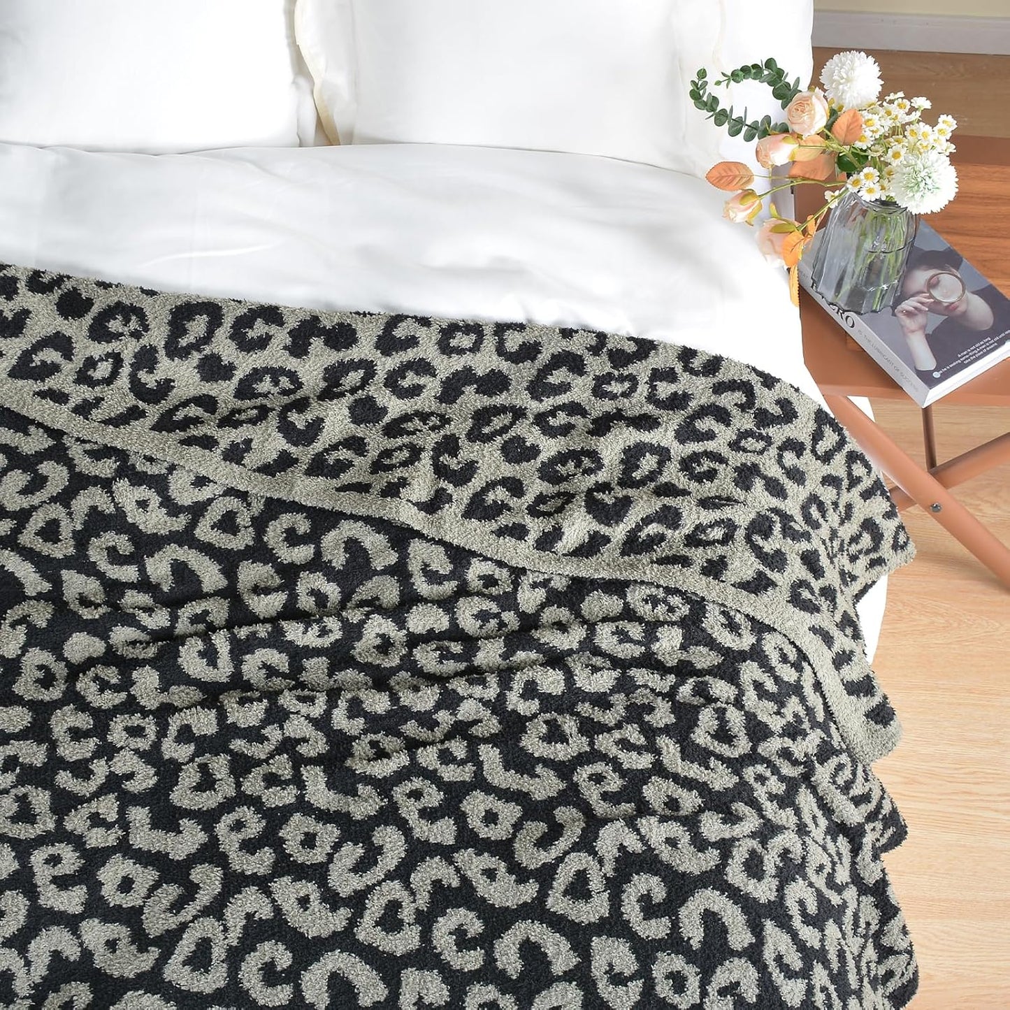 Leopard Knit Throw Soft Cozy Lightweight Blanket for Bed Sofa Couch Breathable Warm Cheetah Blanket Leopard Black 50x60 Inches