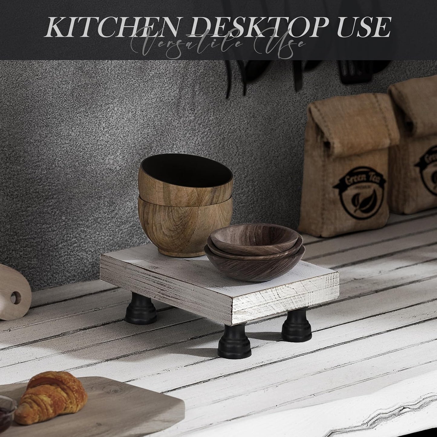 EOSAHR Farmhouse Fir Wood Risers for Decor for Kitchen Sink & Small Vanity - Risers Display Stands for Coffee Table - Double as Sponge Holder & Plant Stand (Black & White, 8.5")