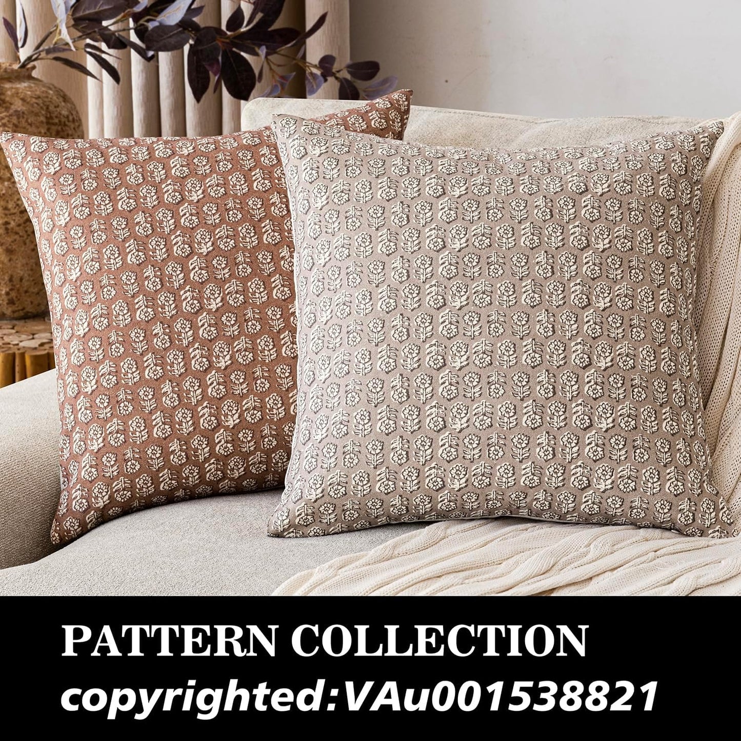 Foindtower Set of 2 Decorative Vintage Floral Print Throw Pillow Covers Neutral Farmhouse Cushion Covers Boho Home Decor for Sofa Couch Chair Bedroom Living Room,22×22 Inch,Light Orange Brown