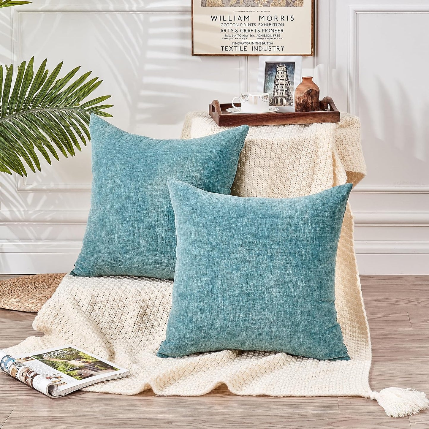 GAWAMAY Decorative Throw Pillow Covers 16x16 Inch Set of 2, Super Soft Chenille Square Pillows Farmhouse Fall Pillowcase for Living Room Bedroom Sofa Couch Cushion Cover Smoke Blue 40x40cm