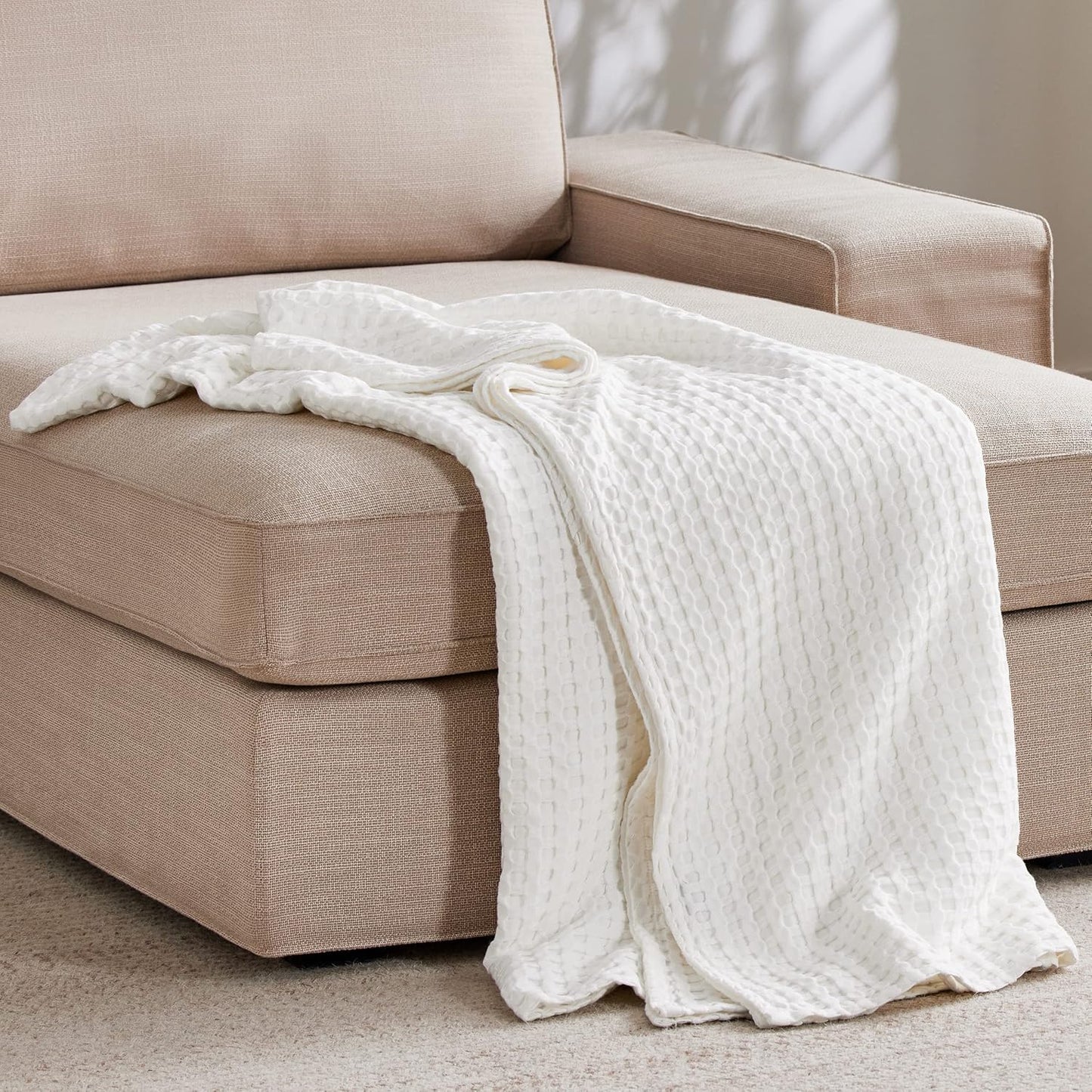 Bedsure Cooling Cotton Waffle Weave Throw Blanket - Lightweight Breathable Blanket of Rayon Derived from Bamboo for Hot Sleepers, Luxury Throws for Bed, Couch and Sofa, Ivory, 50x70 Inches