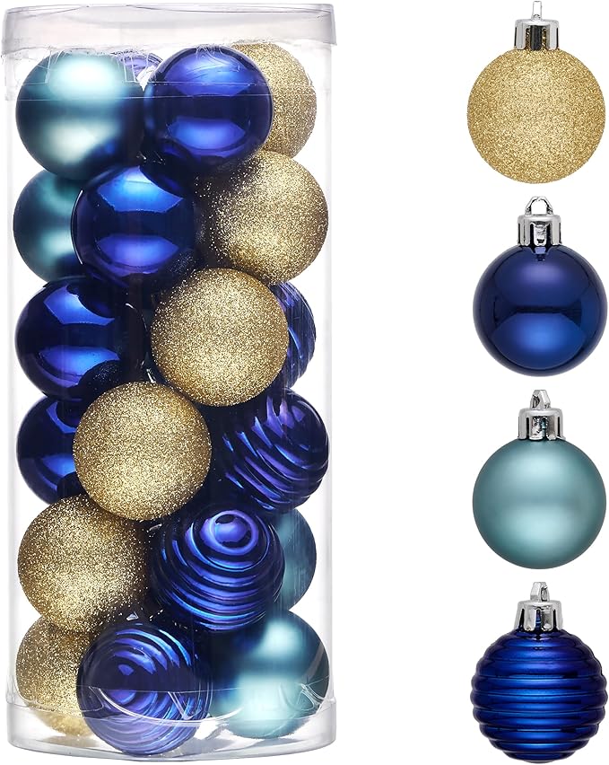 Valery Madelyn 1.57 Inches Small Christmas Tree Decorations Ornament Set for Fall Halloween, 24ct Blue and Gold Shatterproof Hanging Ball Ornaments Holiday Party Decor