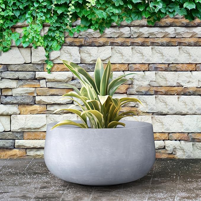 Kante 15.7" Dia Round Concrete Planter, Outdoor Indoor Garden Plant Pots with Drainage Hole and Rubber Plug, Modern Curvaceous Design, Slate Gray