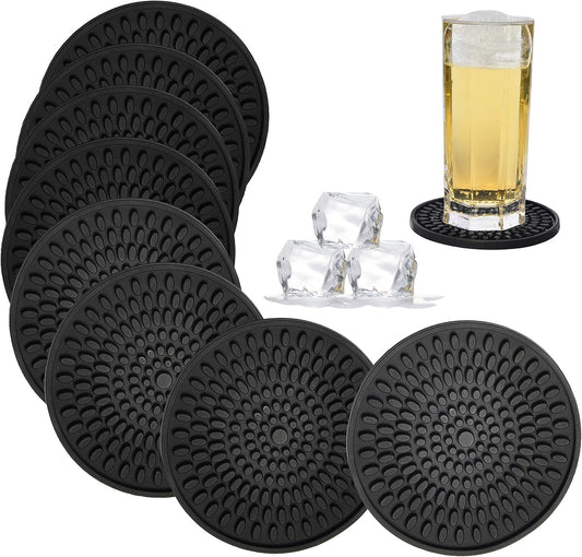 KindGa Coasters for Drinks Black, Absorbent Rubber Coaster Set, Silicone Drink Coasters for Large Mug/Cup/Bottle, Deep Tray 4.3 Inch Oval Shape Jar Opener Heat-Resistant Grips (Set of 8)