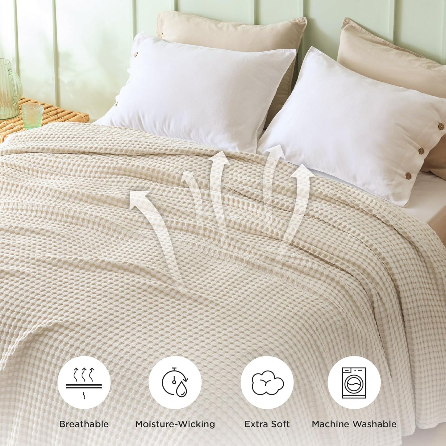 Bedsure Cooling Cotton Waffle Throw XL Blanket - Lightweight Breathable Blanket of Rayon Derived from Bamboo for Hot Sleepers, Light Beige, 50x70 Inches