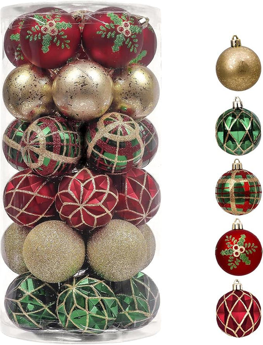 Valery Madelyn Christmas Ornaments Set, 30ct 2 Inches Red Green and Gold Shatterproof Christmas Tree Decorations Ball Ornaments Bulk, Traditional Country Hanging Decor for Xmas Holiday Party