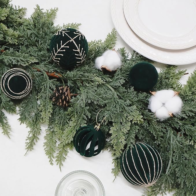 3.15INCH Green Velvet Ornaments for Christmas Tree, 12PCS Glitter Flocked Christmas Ornaments Decorations Balls Set Decor