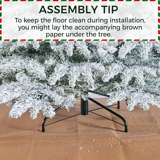 Yaheetech 7.5ft Pre-Lit Artificial Christmas Tree with 550 Warm White LED Lights & 1278 PVC Tips,Hinged Snow Flocked Xmas Tree with Foldable Stand & Protective Foot Caps,Green & White