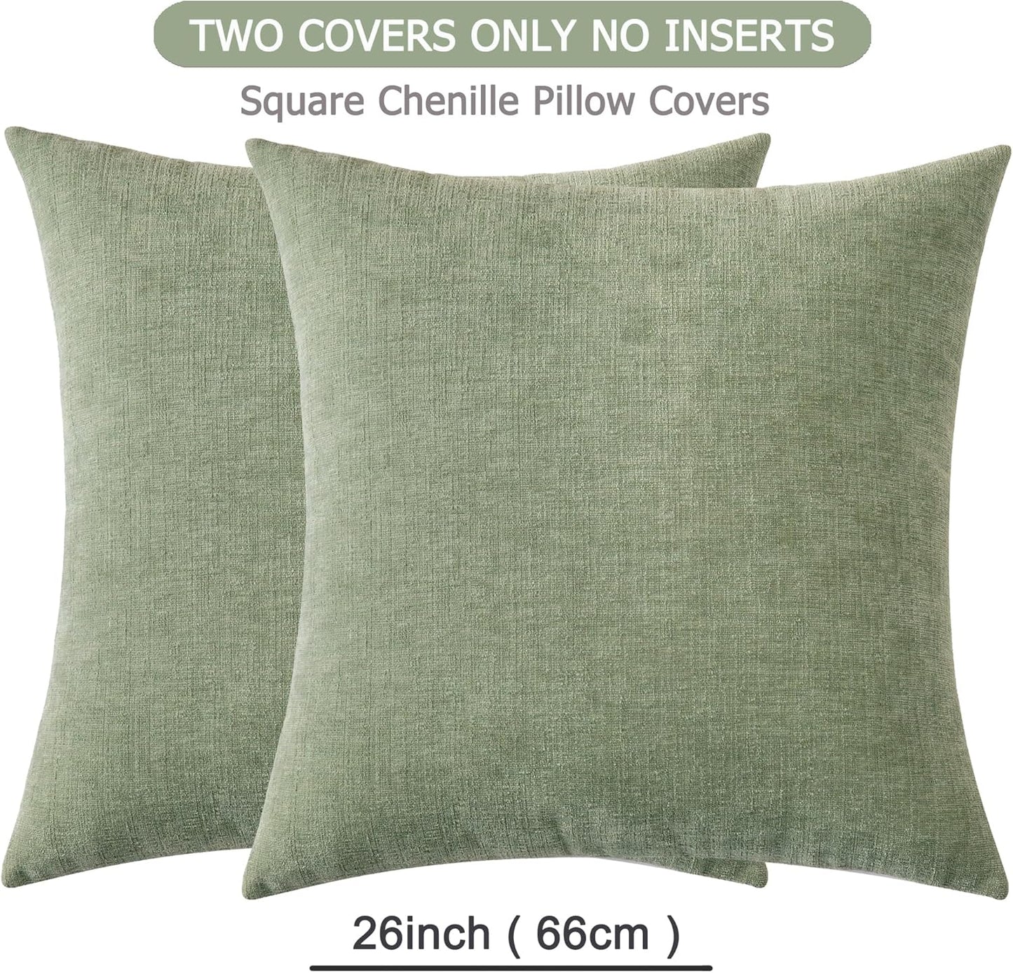 GAWAMAY Decorative Chenille Throw Pillow Covers 26x26 Inch Pack of 2, Soft Square Couch Pillow Cover for Sofa Cushion Living Room Bedroom Oversized Pillowcases Sage Green 66x66cm (ONLY Covers)