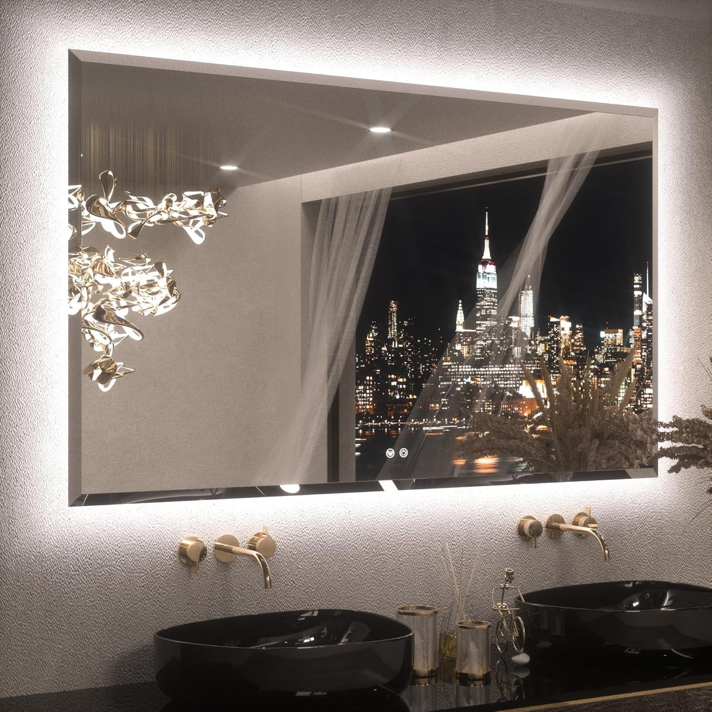 Keonjinn 60 x 36 Inch Oversized Backlit Bathroom Mirror, Large LED Mirror for Bathroom, Decorative Beveled Edge, Tempered Glass, UL-Listed, 3 Color Lights, Defogging, Lighted Wall Mount Vanity Mirror