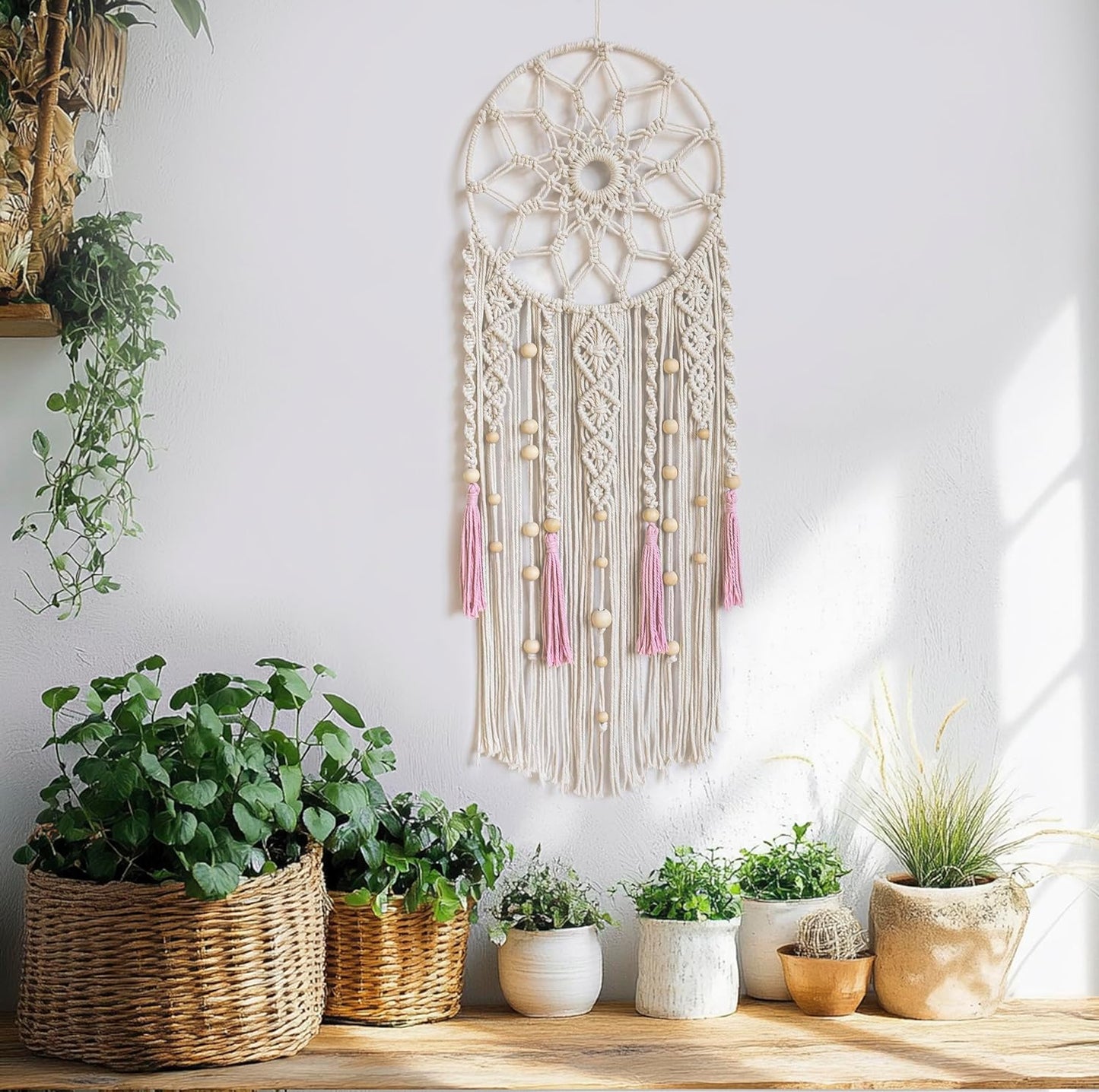 LB Boho Flower Macrame Wall Hanging Pink and Beige Dream Catcher Handmade Woven Cotton Tapestry with Wood Beads Modern Aesthetic Wall Art Decor for Home, Bedroom, Living Room