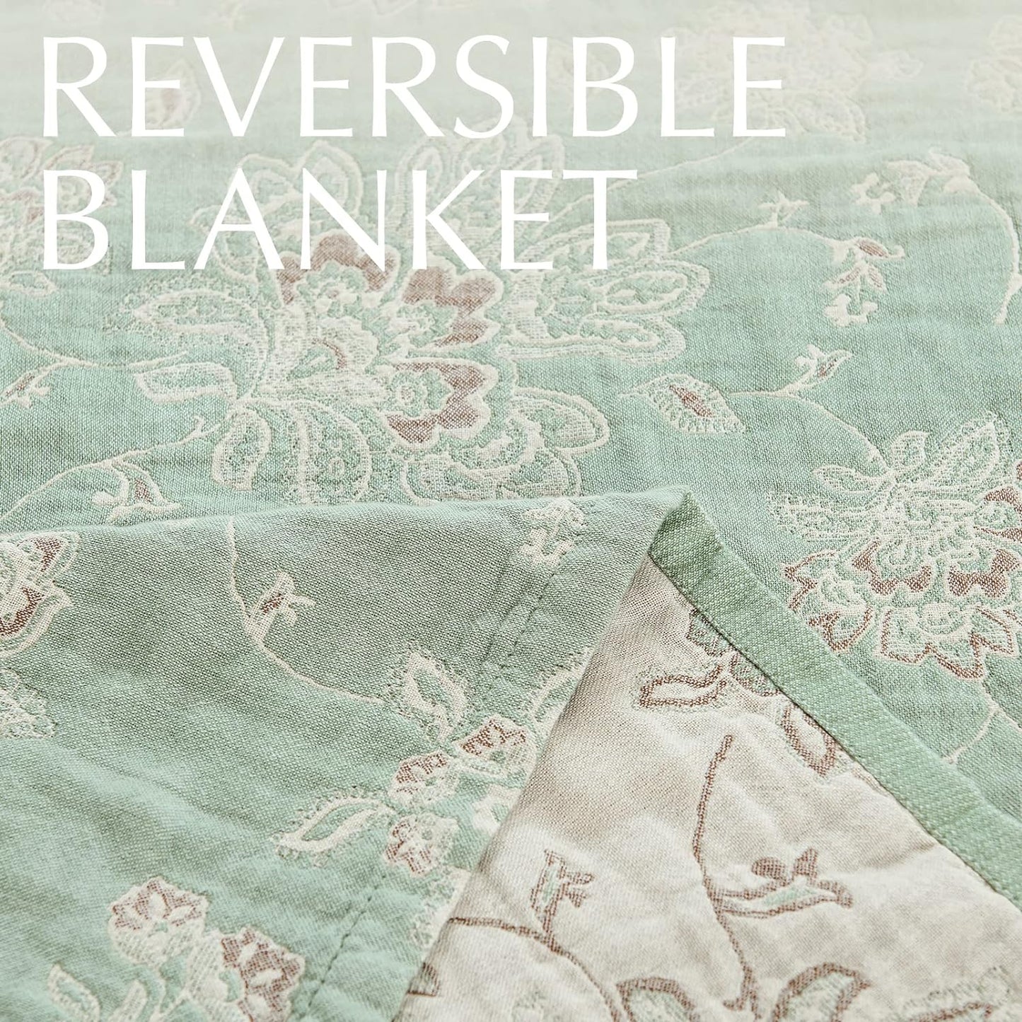 jinchan Boho 100% Cotton Muslin Queen Size 80x90 Inches Blanket Lightweight 4-Layer Quilted Soft Green and Beige Floral Throw Blanket Reversible Comfy Flower Rustic All Seasons Couch Bedroom Decor