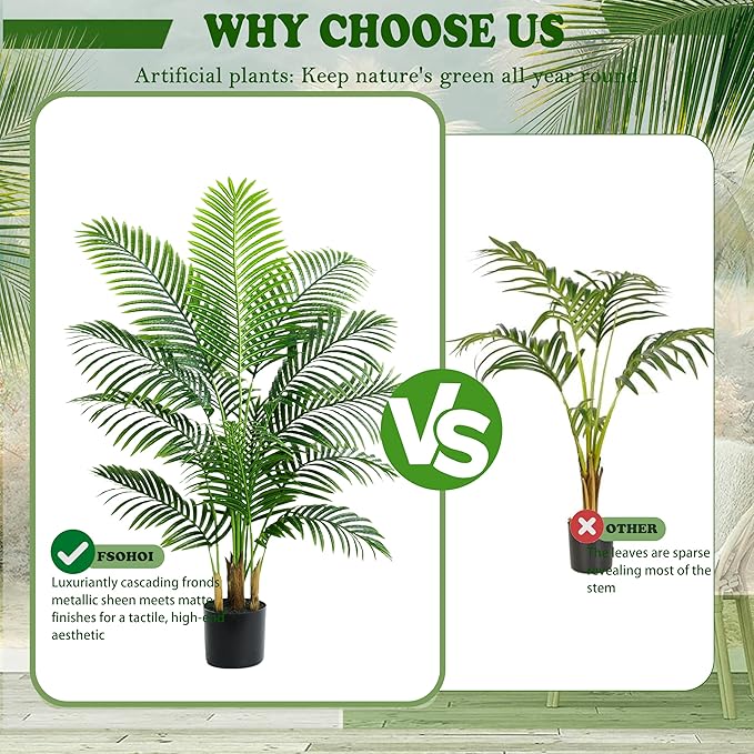 2PCS Artificial Palm Tree 4FT Artificia Plants Indoor Fake Trees Tropical Fake Plam Tree Floor Plant in Black Pot with 13 Trunks & Real Bark Design Faux Palm Plant for Outdoor Home Room Decor