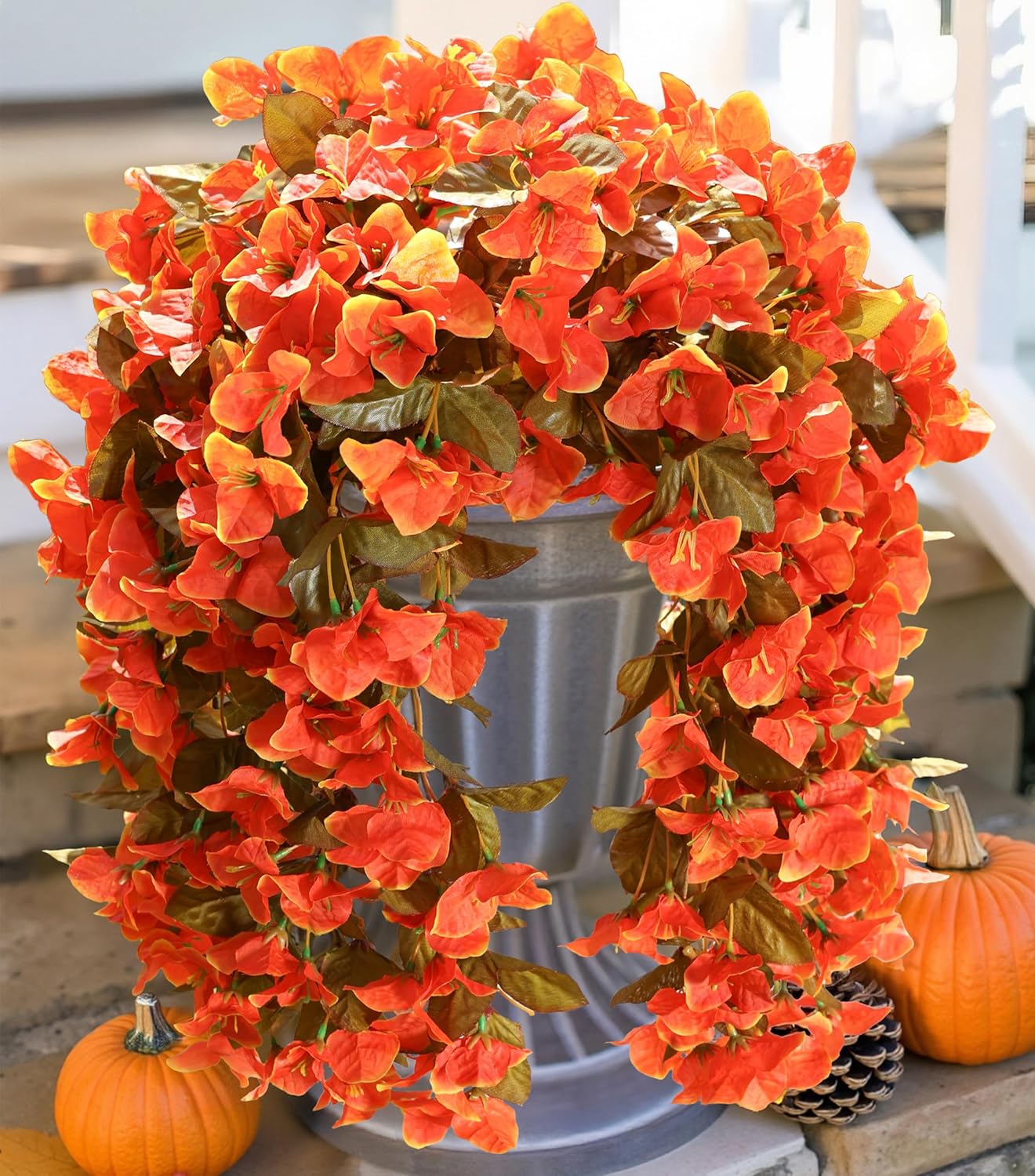 HyeFlora Bougainvillea Artificial Hanging Flowers Plants for Outdoors Winter Decoration, 2pcs Faux Bougainvillea Vines Orange Fake Flowers Realistic UV Resistant Silk Flowers for Outside Planter Yard