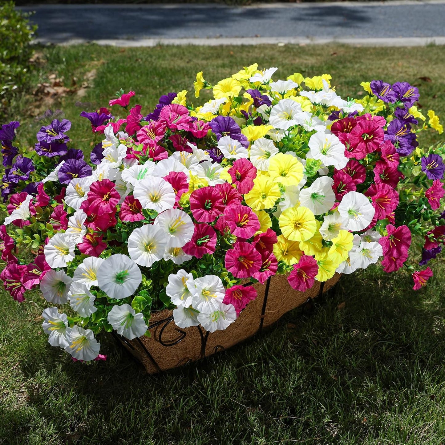 HyeFlora Artificial Flowers for Outdoors Fake Plants Outside Decoration, 12 Bundles Silk Colorful Morning Glory with Eucalyptus UV Resistant Realistic Faux Flowers for Planter Front Door Garden Yard