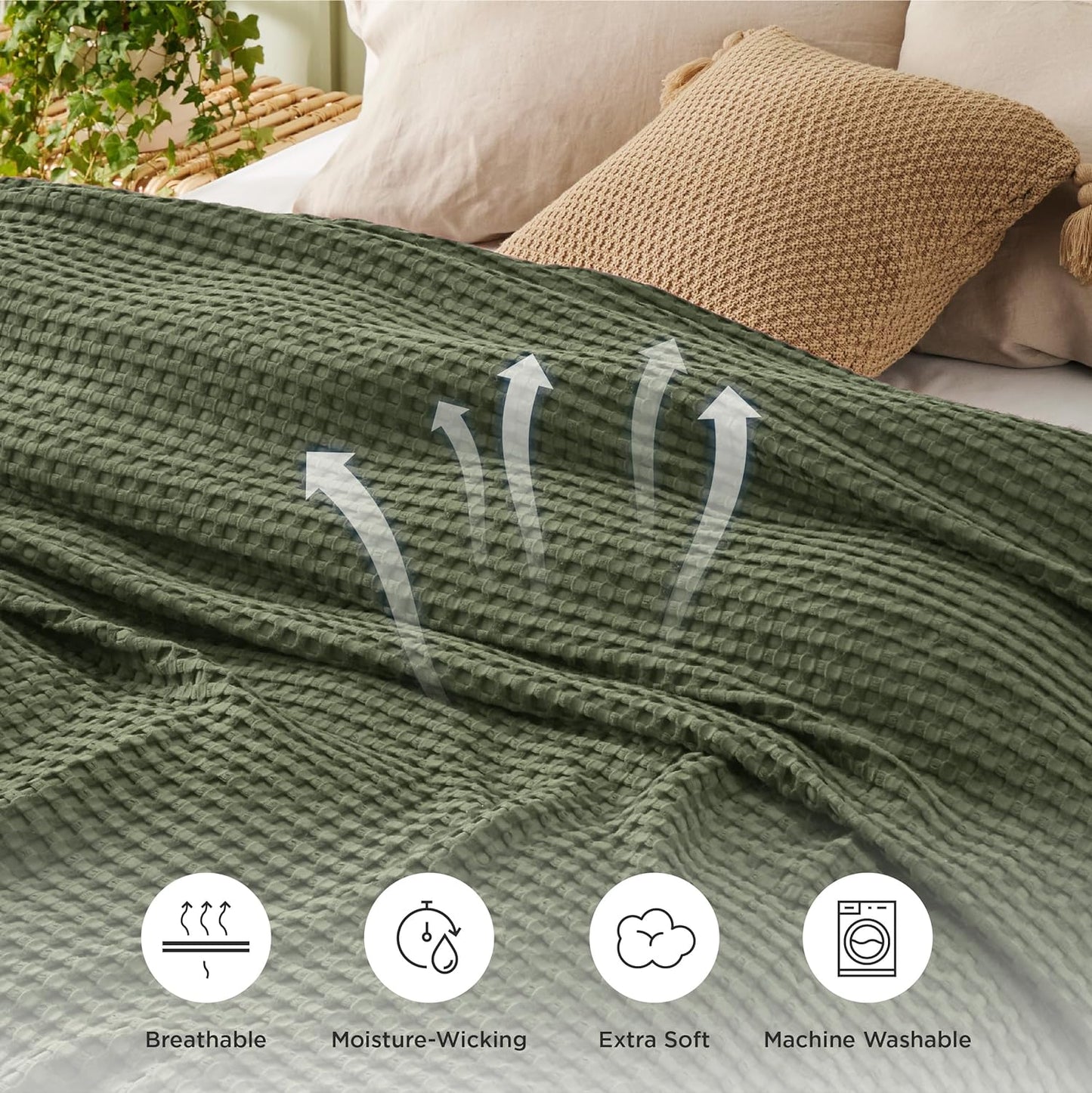 Bedsure Cooling Cotton Waffle Twin XL Blanket - Lightweight Breathable Blanket of Rayon Derived from Bamboo for Hot Sleepers, Luxury Throws for Bed, Couch and Sofa, Green, 66x90 Inches