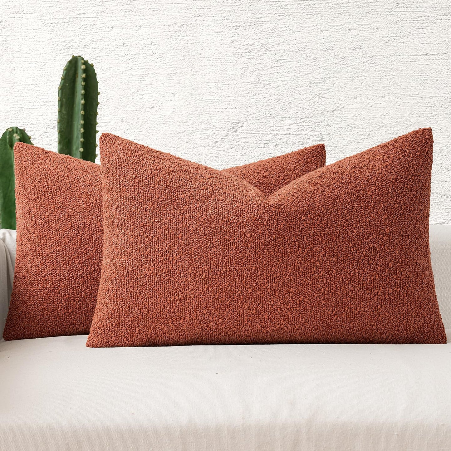 MIULEE 12x20 Inch Decorative Lumbar Throw Pillows for Bed Set of 2 Textured Boucle Neutral Winter Throw Pillow Covers Burnt Orange Accent Solid Pillowcases Sofa Livingroom Home Decor