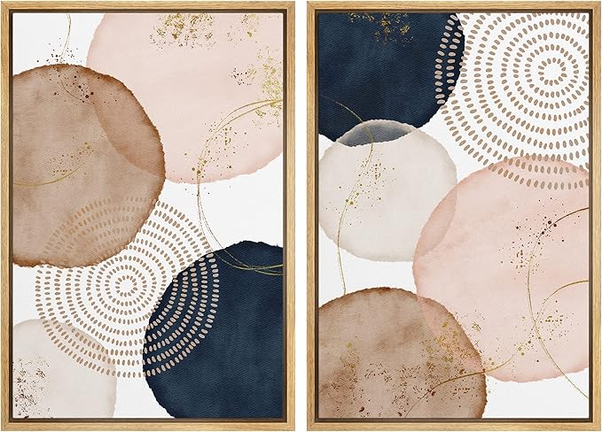 SIGNFORD Framed Wall Art Print Set Pastel Watercolor Vibrant Circle Collage Abstract Shapes Illustrations Modern Minimalist Relax/Calm Multicolor for Living Room, Bedroom, Office - 16"x24"x2 Natural