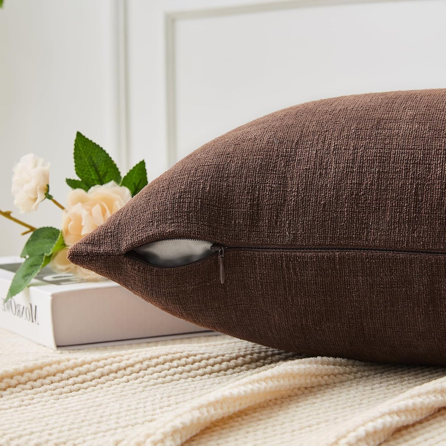 GAWAMAY Decorative Square Throw Pillow Covers 18x18 Inch Set of 4, Super Soft Chenille Pillows Cover Fall Pillowcase for Living Room Bedroom Sofa Couch Cushion Cover Coffee 45x45cm (No Insert)