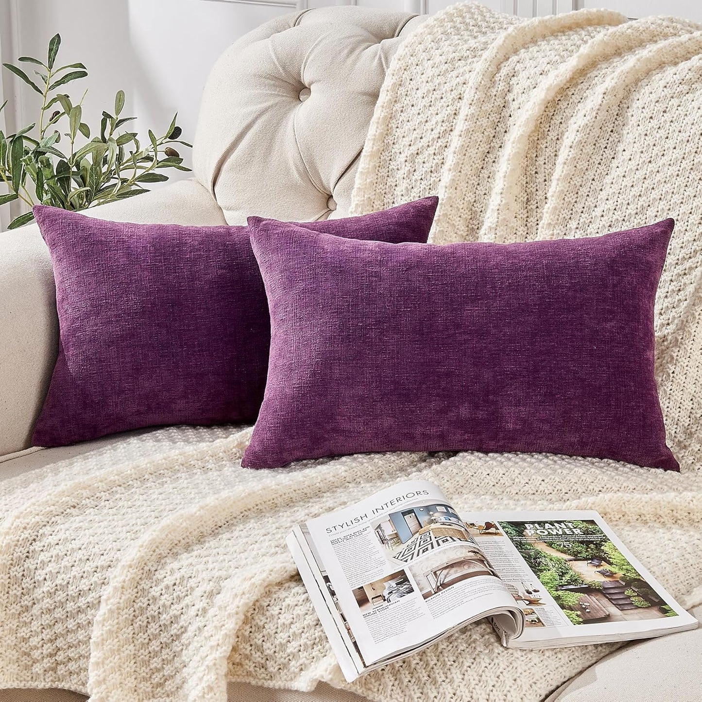 GAWAMAY Lumbar Pillow Decorative Rectangle Throw Pillow Covers 12"x20" Inch Set of 2, Super Soft Chenille Fall Pillowcase for Living Room Bedroom Sofa Couch Cushion Cover Purple 30x50cm (ONLY Covers)