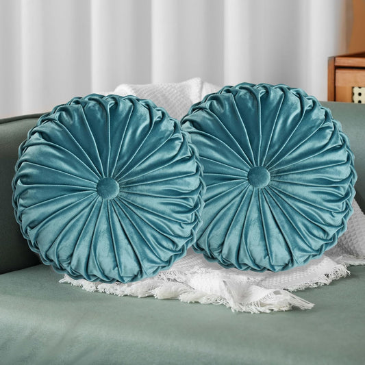 HIG Set of 2 Teal Ruched Velvet Round Throw Pillows – 14.5’’ Decorative Pillows with Soft Polyester Filling for Couch, Bed, Living Room, Bedroom, or Dorm – Handmade, Stress Relieving, All-Season