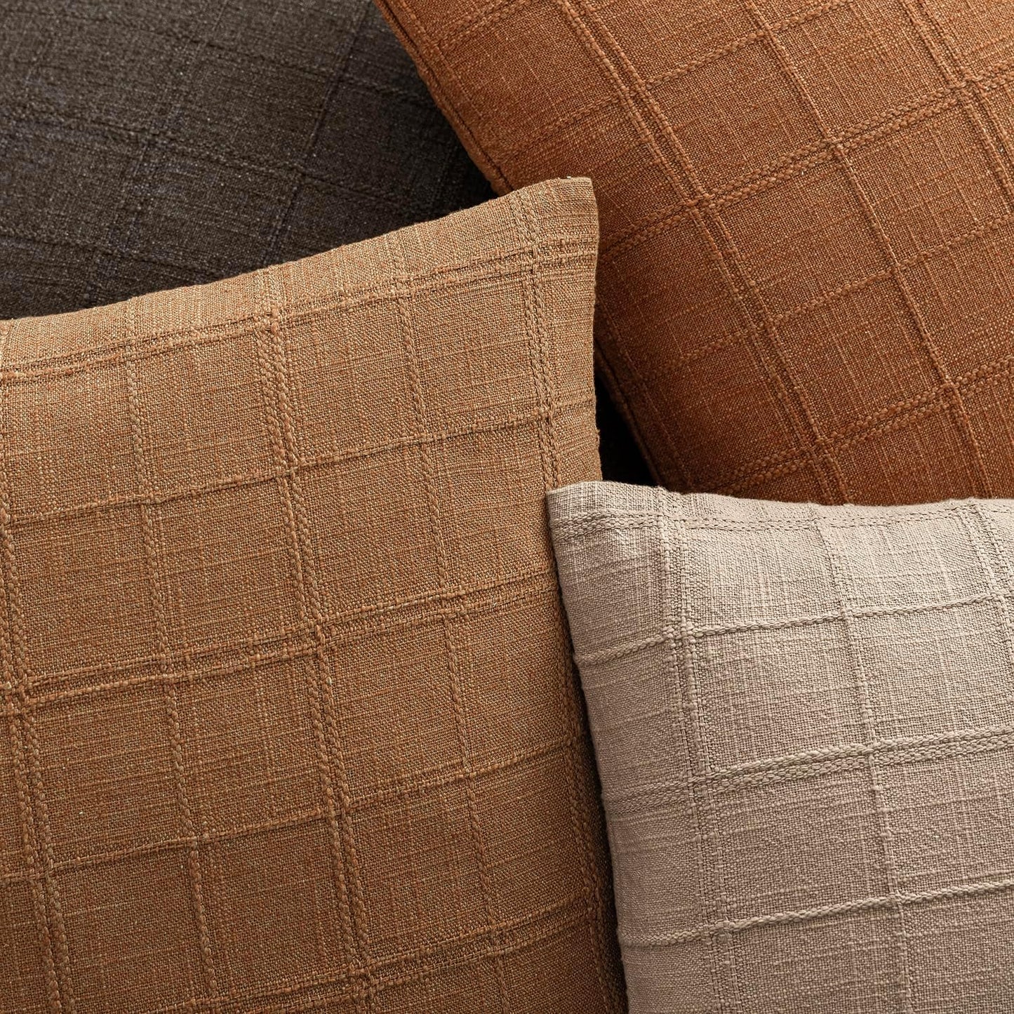 Foindtower Set of 2 Decorative Linen Check Throw Pillow Covers Neutral Farmhouse Lumbar Cushion Covers Modern Boho Home Decor for Sofa Chair Couch Bedroom Living Room,12×20 Inch,Brick