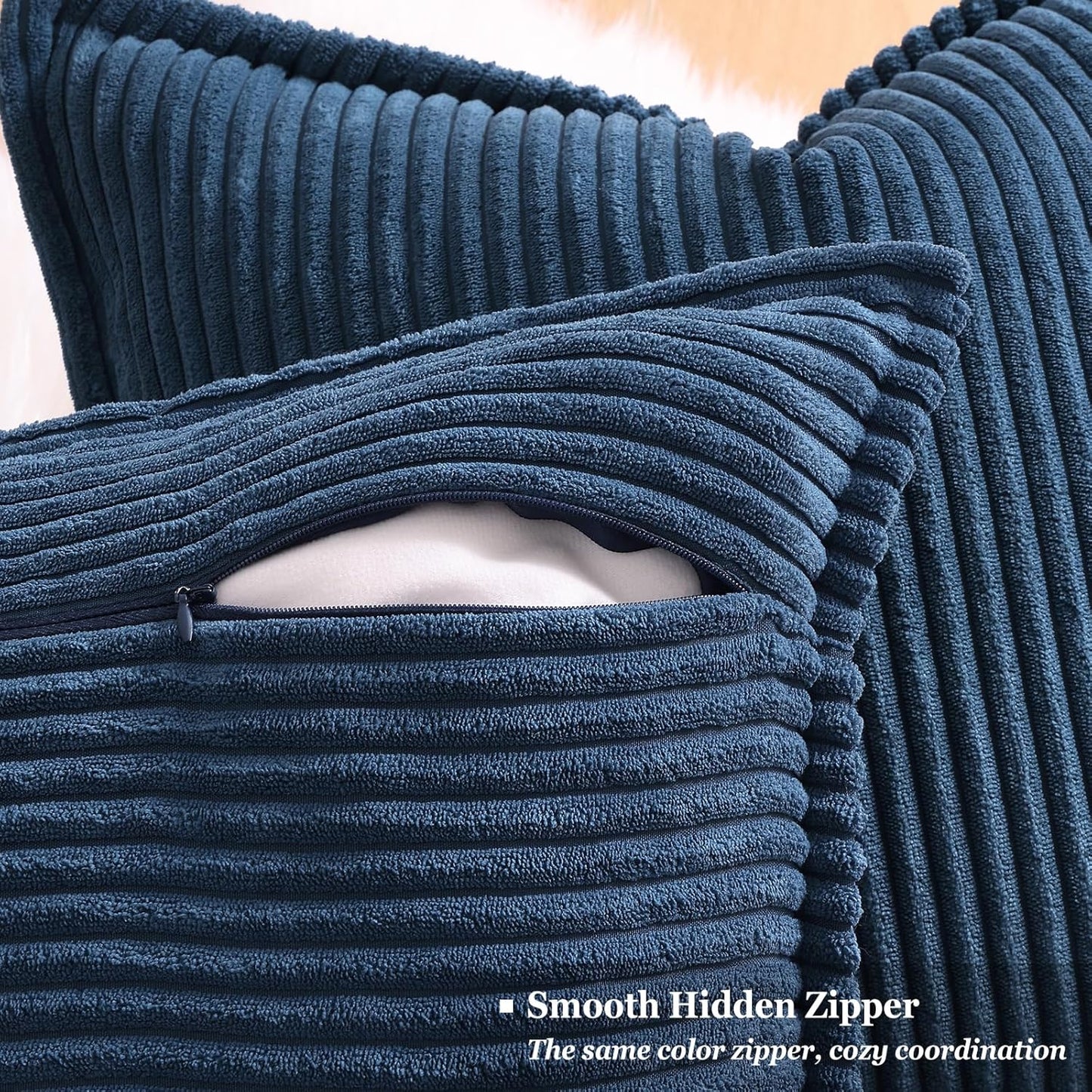 decorUhome Corduroy Navy Blue Throw Pillow Covers 24x24 Set of 2 Decorative Soft Boho Farmhouse Euro Couch Pillow Covers for Living Room Bed Sofa Broadside Striped Pillow Cases