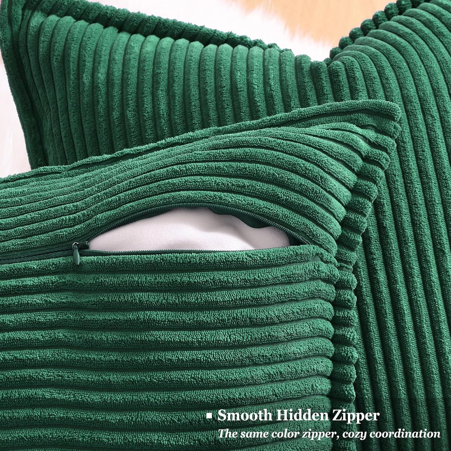 decorUhome Christmas Corduroy Green Throw Pillow Covers 22x22 Set of 2 Decorative Soft Boho Farmhouse Euro Couch Pillow Covers for Living Room Bed Sofa Broadside Striped Pillow Cases