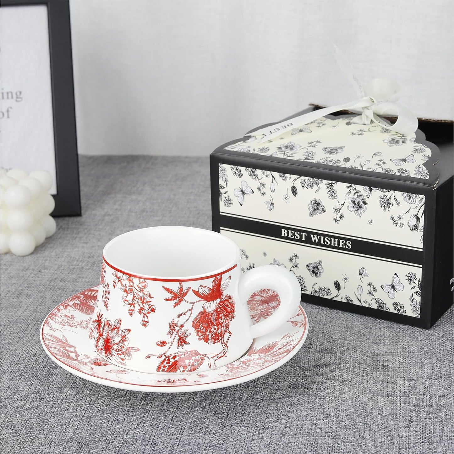 fanquare Red Floral Tea Cup with Saucer 8.5oz Large Porcelain Coffee Cup Modern Single Cup Gift Set for Adults, Ceramic Thick Handle China Cups