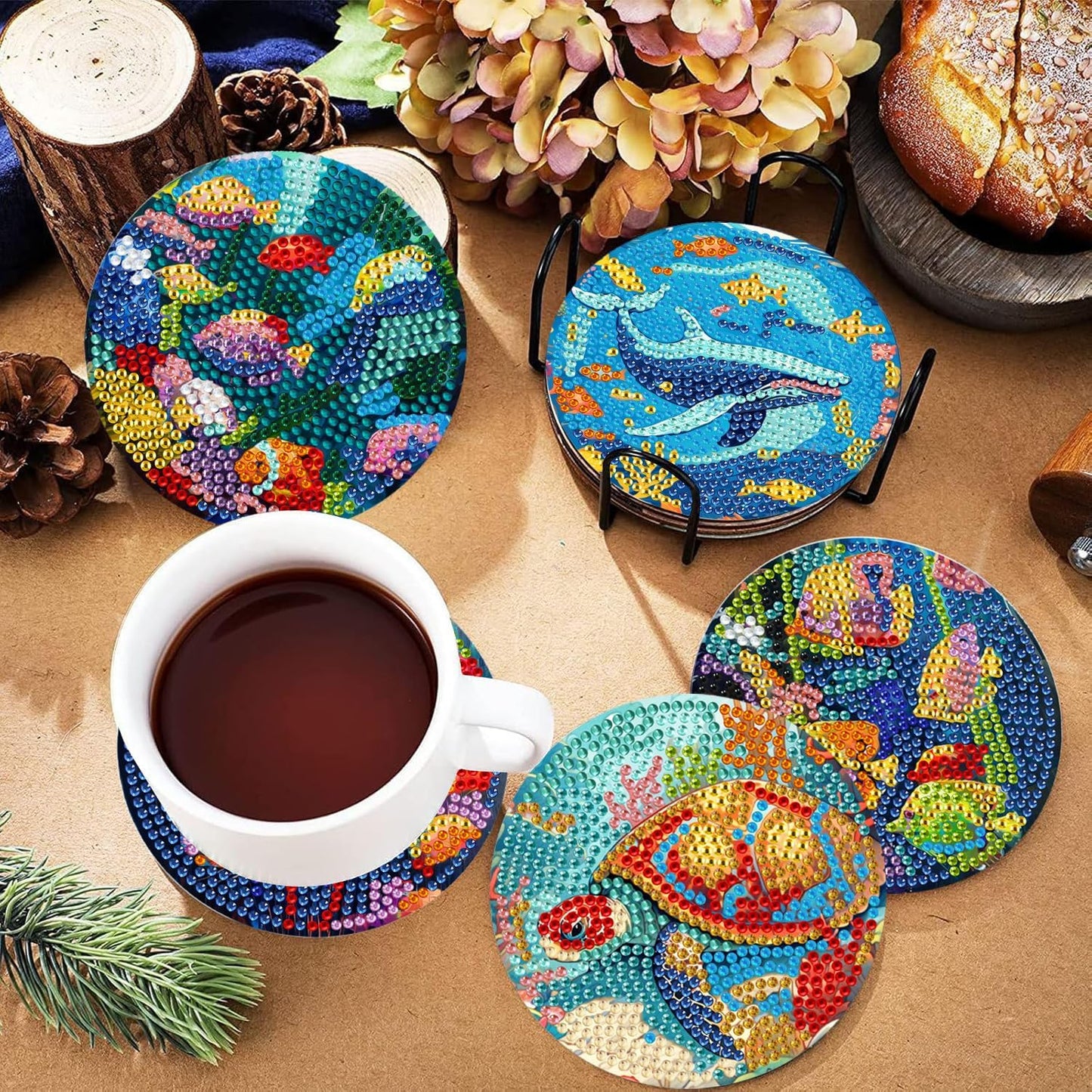 DOTSOPS 8 Pcs Ocean Diamond Art Kits for Adults 5d Diamond Painting Coasters with Holder for Adults Beginners Craft for Women Ocean