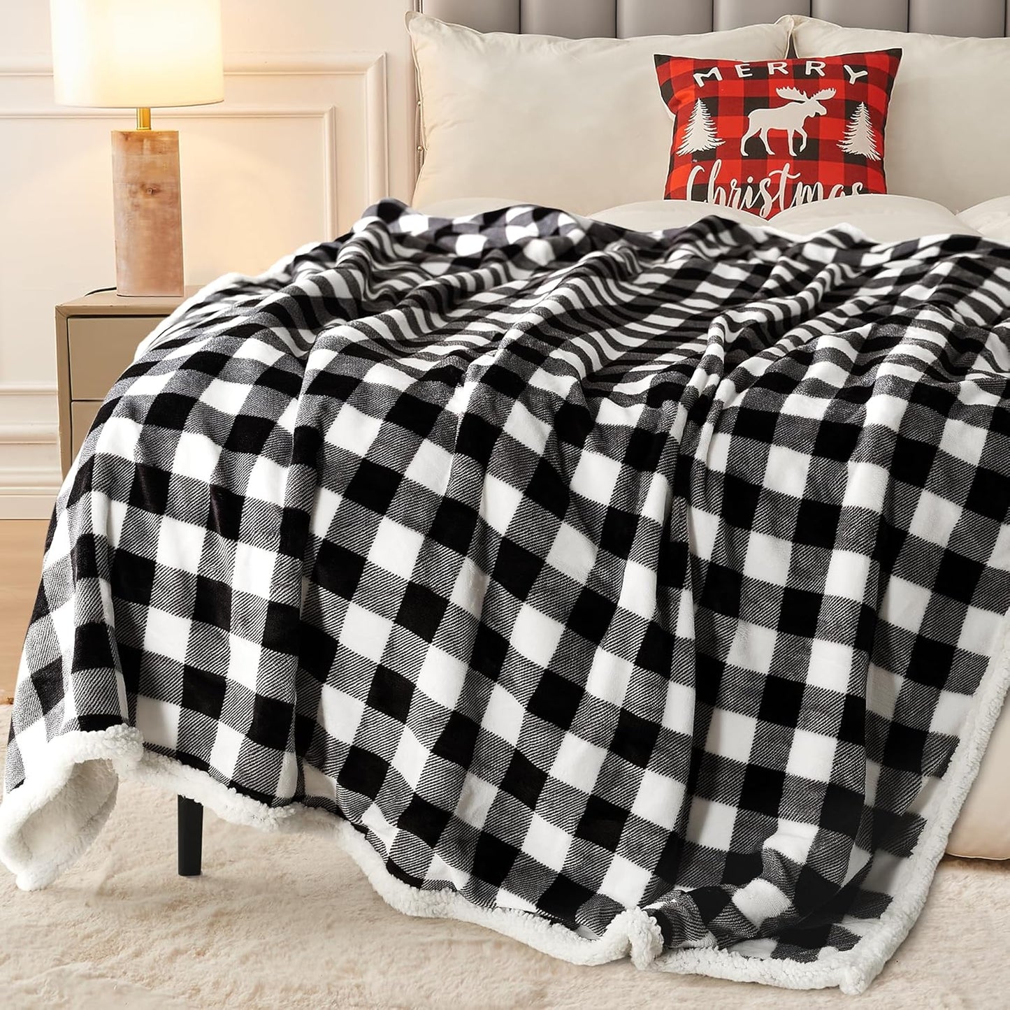 BEAUTEX Sherpa Fleece Blanket Twin Size, Super Soft Warm Buffalo Plaid Plush Gig Blankets, Lightweight Cozy Fuzzy Blanket for Couch Sofa Bed (Black, 60" x 80")