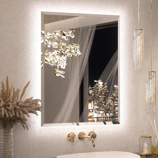 Keonjinn LED Backlit Mirror 28 x 36 Inch, Frameless LED Mirror with Beveled Edge, Tempered Glass, UL-Listed Power Driver, 3 Color Lights, Anti-fog, Dimmable, Memory Function, French Cleat Installation