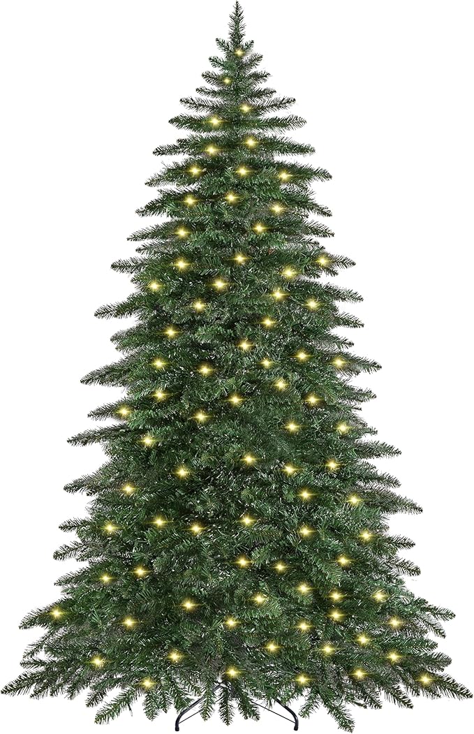 Yaheetech 7.5ft Pre-Lit Christmas Fir Tree with 550 Warm LED Lights & 1278 PVC Tips,Hinged Holiday Decorative Tree with Foldable Stand & Protective Foot Caps,Green