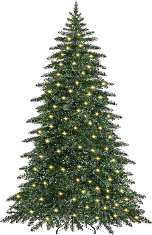 Yaheetech 7.5ft Pre-Lit Christmas Fir Tree with 550 Warm LED Lights & 1278 PVC Tips,Hinged Holiday Decorative Tree with Foldable Stand & Protective Foot Caps,Green