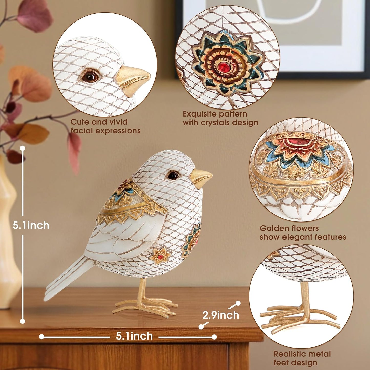 Bird Figuriens for Home Decor Accents,Boho Bird Statue Sculpture for Shelf Decor,Birds Decorations for Home Table Bookshelf Mantels Office,Vintage Animal Decor,Decorative Birds Gifts for Women