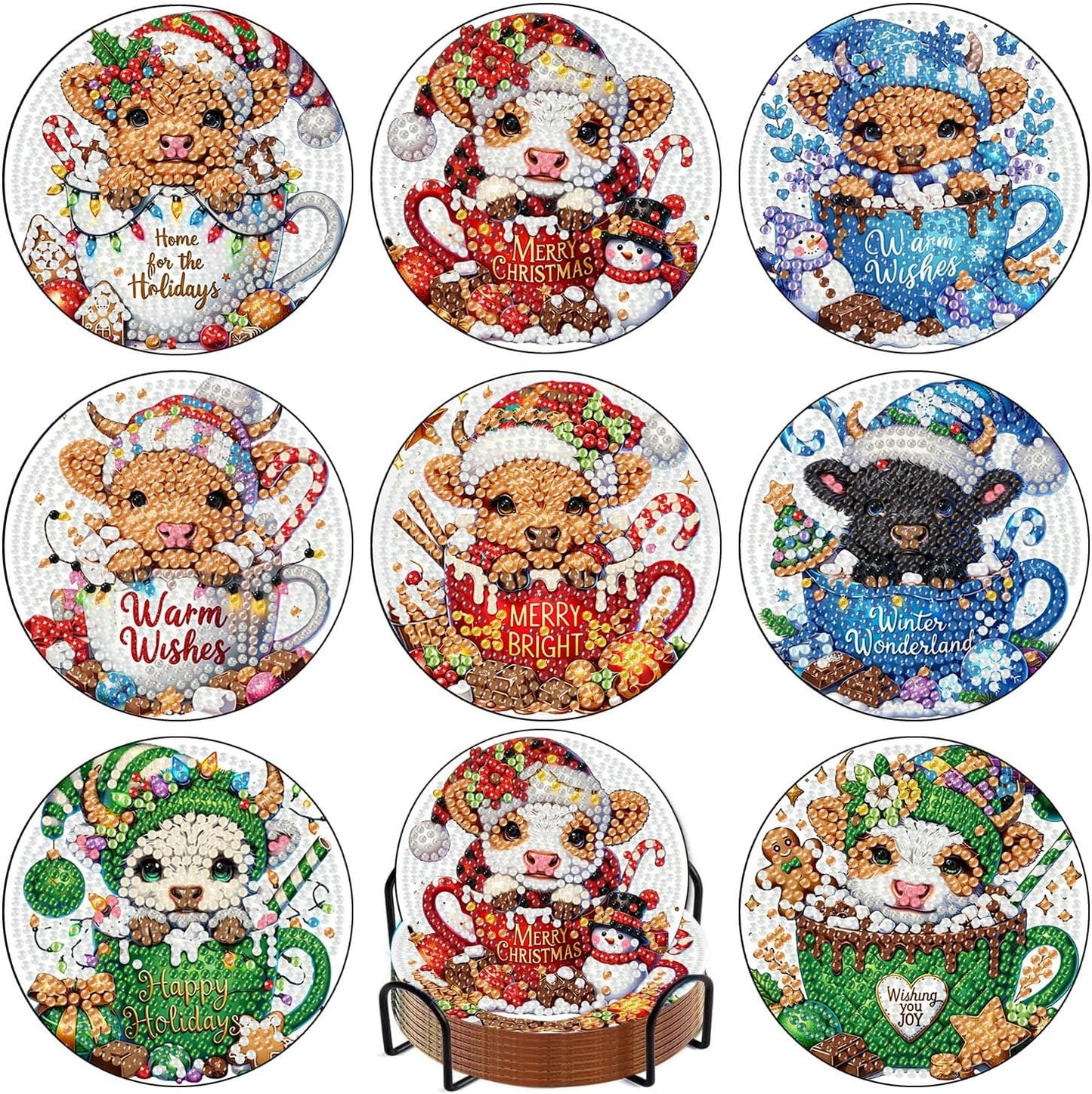 Meothan 8 Pcs Diamond Art Coasters Kits for Adults with Holder Cork Pads, Highland Cow Diamond Dots Art Painting Coasters Crafts Kit for Home Office Decor (Christmas Theme)