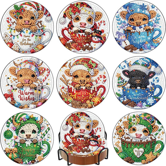 Meothan 8 Pcs Diamond Art Coasters Kits for Adults with Holder Cork Pads, Highland Cow Diamond Dots Art Painting Coasters Crafts Kit for Home Office Decor (Christmas Theme)