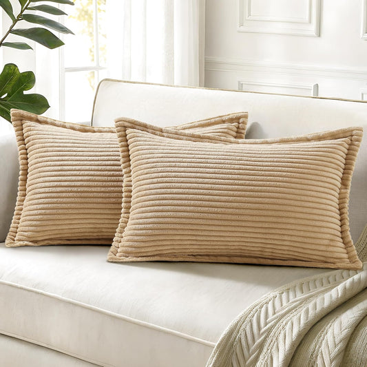 decorUhome Corduroy Light Brown Throw Pillow Covers 12x20 Set of 2 Decorative Soft Boho Farmhouse Lumbar Euro Couch Pillow Covers for Living Room Bed Sofa Broadside Striped Pillow Cases