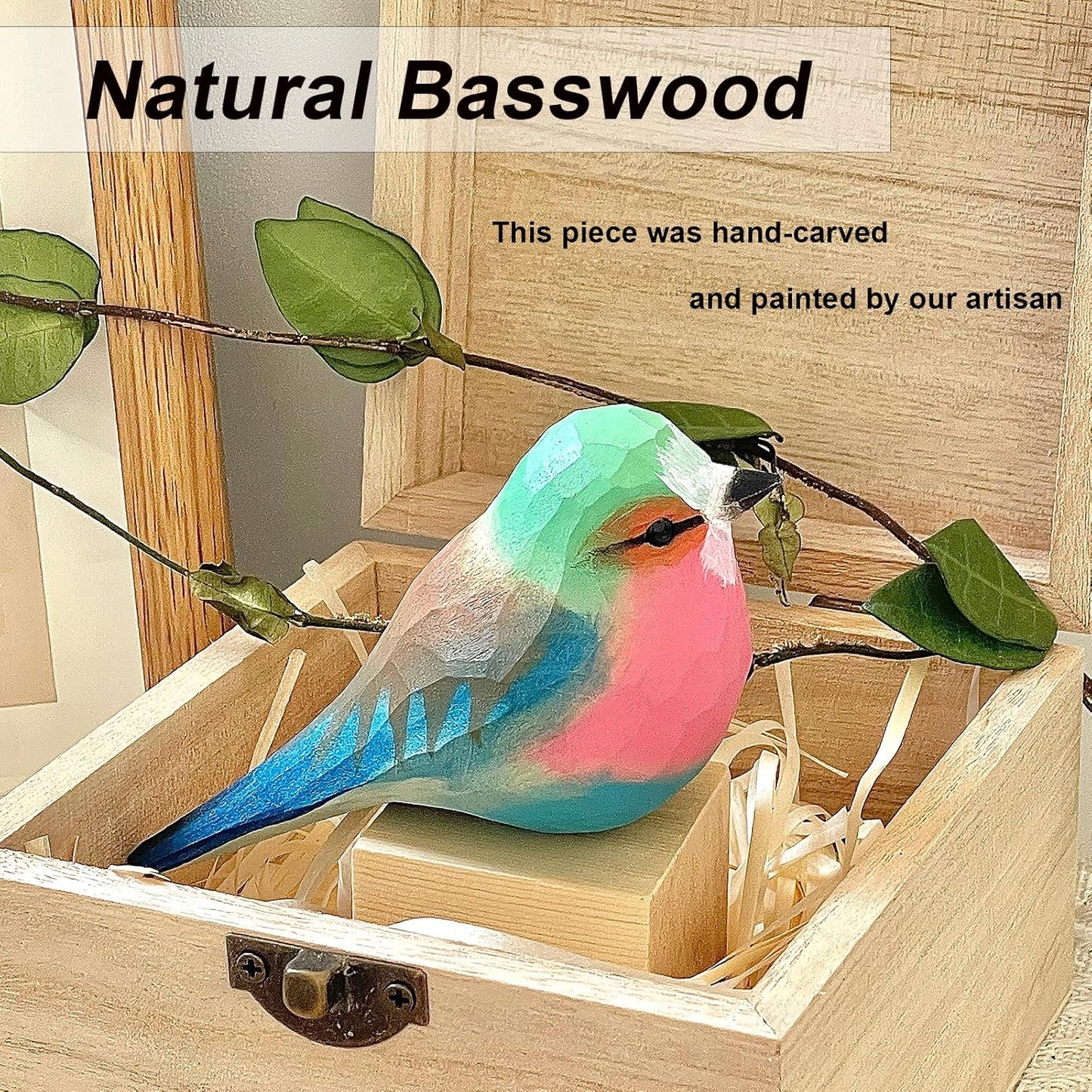 Handmade Wooden Carved Bird Decor Sculpted Hand-Painted Bird Figurines Small Home Decor Bird Statue Shelf Decor BFF Gifts for Bird Lovers(Lilac-Breasted Roller)