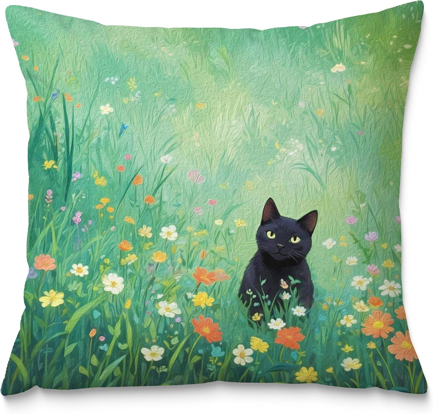 Floral Black Cat Pillow Covers 18x18, Cats Lovers Lady Gifts, Cat Gifts for Mom Mother's Day, Cats in Green Field Meadow Decorative Pillow Covers for Home Bedroom Living Room Office Decor