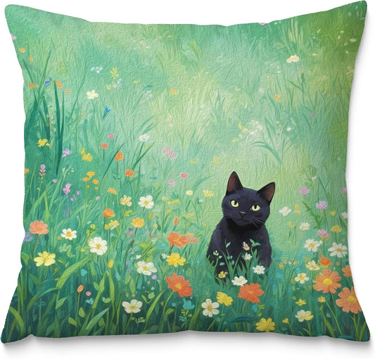 Floral Black Cat Pillow Covers 18x18, Cats Lovers Lady Gifts, Cat Gifts for Mom Mother's Day, Cats in Green Field Meadow Decorative Pillow Covers for Home Bedroom Living Room Office Decor
