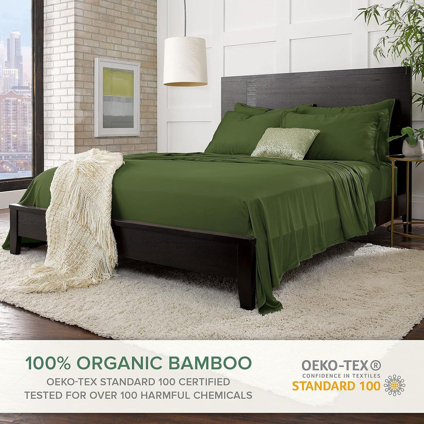 Full Sheets by Pure Bamboo, Genuine 100% Organic Viscose Derived from Bamboo Bed Sheet Set, Luxuriously Soft & Cooling, Double Stitching, Lifetime Quality Promise (Full, Pesto)